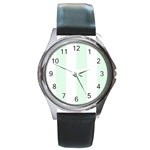 Vertical Stripes - White and Pale Green Round Metal Watch