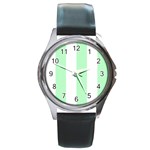 Vertical Stripes - White and Mint Green Round Metal Watch