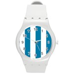 Vertical Stripes - White and Cerulean Round Plastic Sport Watch (M)