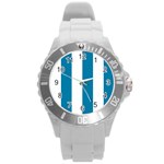 Vertical Stripes - White and Cerulean Round Plastic Sport Watch (L)