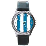 Vertical Stripes - White and Cerulean Round Metal Watch