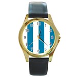 Vertical Stripes - White and Cerulean Round Gold Metal Watch