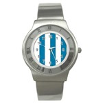 Vertical Stripes - White and Cerulean Stainless Steel Watch