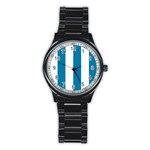 Vertical Stripes - White and Cerulean Stainless Steel Round Watch