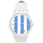 Vertical Stripes - White and Cornflower Blue Round Plastic Sport Watch (M)