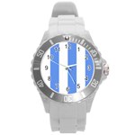 Vertical Stripes - White and Cornflower Blue Round Plastic Sport Watch (L)