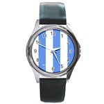 Vertical Stripes - White and Cornflower Blue Round Metal Watch