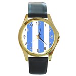 Vertical Stripes - White and Cornflower Blue Round Gold Metal Watch