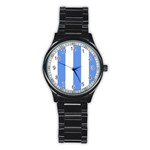 Vertical Stripes - White and Cornflower Blue Stainless Steel Round Watch