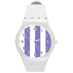 Vertical Stripes - White and Ube Violet Round Plastic Sport Watch (M)