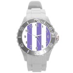 Vertical Stripes - White and Ube Violet Round Plastic Sport Watch (L)