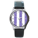 Vertical Stripes - White and Ube Violet Round Metal Watch