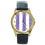 Vertical Stripes - White and Ube Violet Round Gold Metal Watch