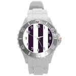 Vertical Stripes - White and Dark Purple Round Plastic Sport Watch (L)