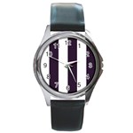 Vertical Stripes - White and Dark Purple Round Metal Watch