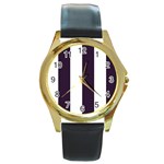 Vertical Stripes - White and Dark Purple Round Gold Metal Watch