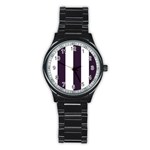 Vertical Stripes - White and Dark Purple Stainless Steel Round Watch