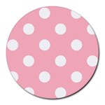 Polka Dots - White on Cherry Blossom Pink Round Mousepad