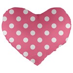 Polka Dots - White on Flamingo Pink Large 19  Premium Flano Heart Shape Cushion