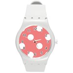 Polka Dots - White on Coral Pink Round Plastic Sport Watch (M)