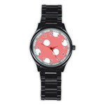 Polka Dots - White on Coral Pink Stainless Steel Round Watch