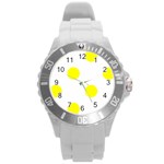 Polka Dots - Yellow on White Round Plastic Sport Watch (L)