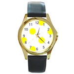 Polka Dots - Yellow on White Round Gold Metal Watch