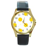 Polka Dots - Gold Yellow on White Round Gold Metal Watch