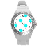 Polka Dots - Aqua Cyan on White Round Plastic Sport Watch (L)