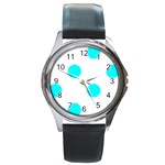 Polka Dots - Aqua Cyan on White Round Metal Watch