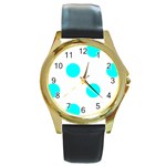 Polka Dots - Aqua Cyan on White Round Gold Metal Watch