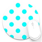 Polka Dots - Aqua Cyan on White Round Mousepad