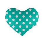 Polka Dots - White on Turquoise Standard 16  Premium Flano Heart Shape Cushion