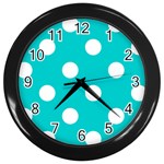 Polka Dots - White on Cyan Wall Clock (Black)