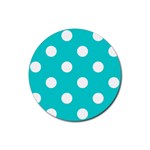 Polka Dots - White on Cyan Rubber Coaster (Round)