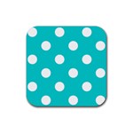 Polka Dots - White on Cyan Rubber Coaster (Square)