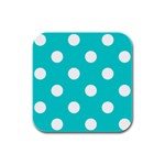 Polka Dots - White on Cyan Rubber Square Coaster (4 pack)