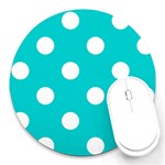 Polka Dots - White on Cyan Round Mousepad