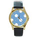 Polka Dots - White on Iceberg Blue Round Gold Metal Watch