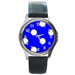 Polka Dots - White on Blue Round Metal Watch