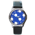 Polka Dots - White on Cerulean Blue Round Metal Watch