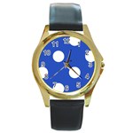 Polka Dots - White on Cerulean Blue Round Gold Metal Watch