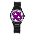 Polka Dots - White on Purple Violet Stainless Steel Round Watch