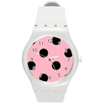 Polka Dots - Black on Cherry Blossom Pink Round Plastic Sport Watch (M)