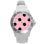 Polka Dots - Black on Cherry Blossom Pink Round Plastic Sport Watch (L)