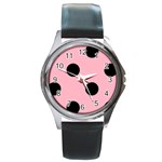 Polka Dots - Black on Cherry Blossom Pink Round Metal Watch