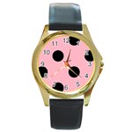 Polka Dots - Black on Cherry Blossom Pink Round Gold Metal Watch