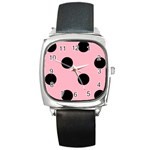 Polka Dots - Black on Cherry Blossom Pink Square Metal Watch