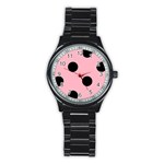 Polka Dots - Black on Cherry Blossom Pink Stainless Steel Round Watch