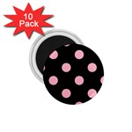 Polka Dots - Cherry Blossom Pink on Black 1.75  Magnet (10 pack)